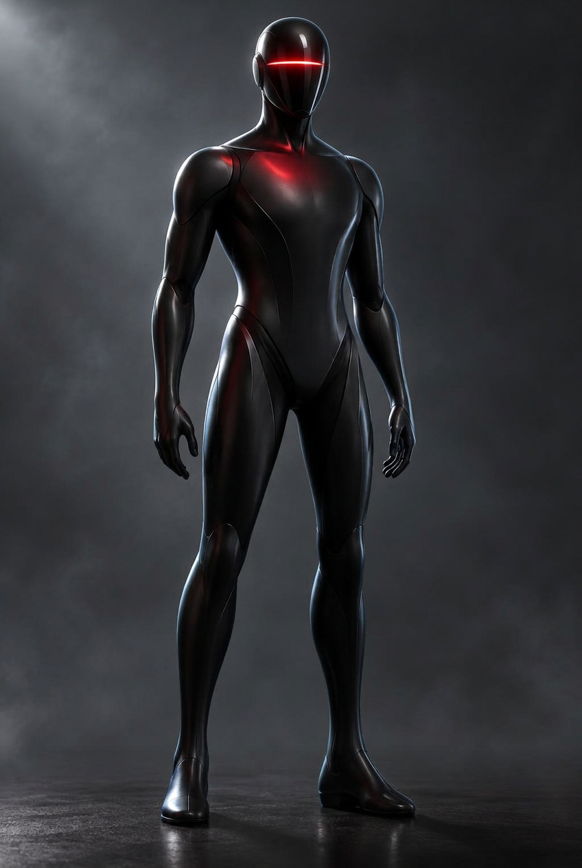 Argus sentinel android standing in a dark studio, a single red scan bar glowing inside its visor